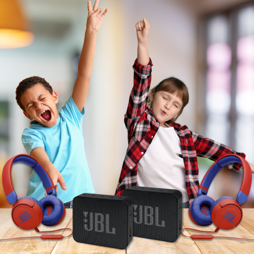 מארז זוגי מדליק הכולל רמקול אלחוטי ואוזניות קשת מותאמות לילדים מבית JBL 